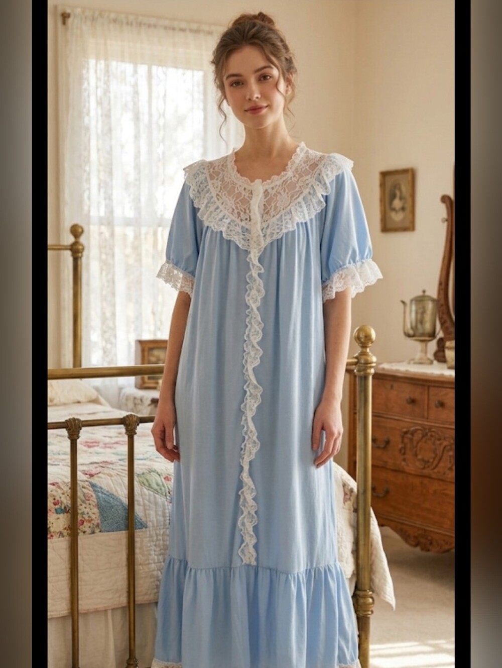 Victorian Looking Powder Blue And White Lace Trim  Nightgown, Size Large.